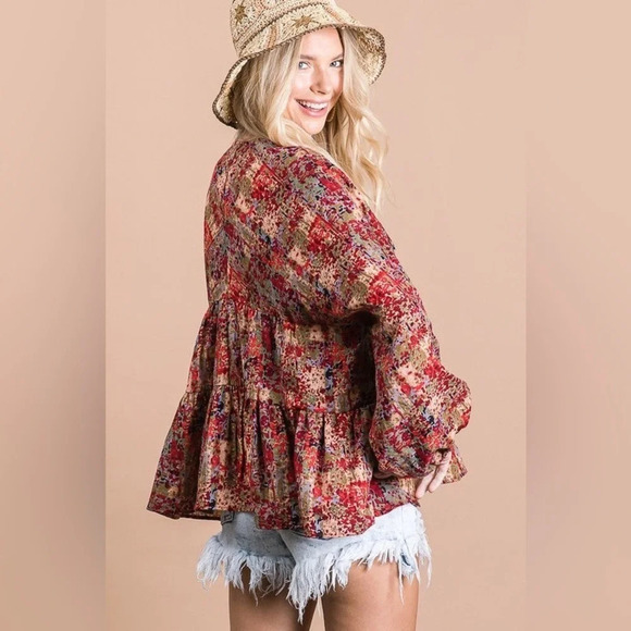 DARLING Women’s Size S Burgundy Multicolor Flowy V-neck Boho Tiered Blouse - Picture 2 of 3